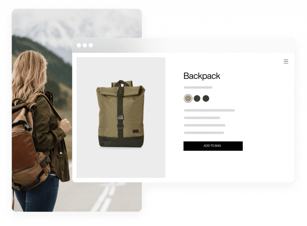Backpack Product Page and Woman Standing With Backpack on a Road in the Mountains
