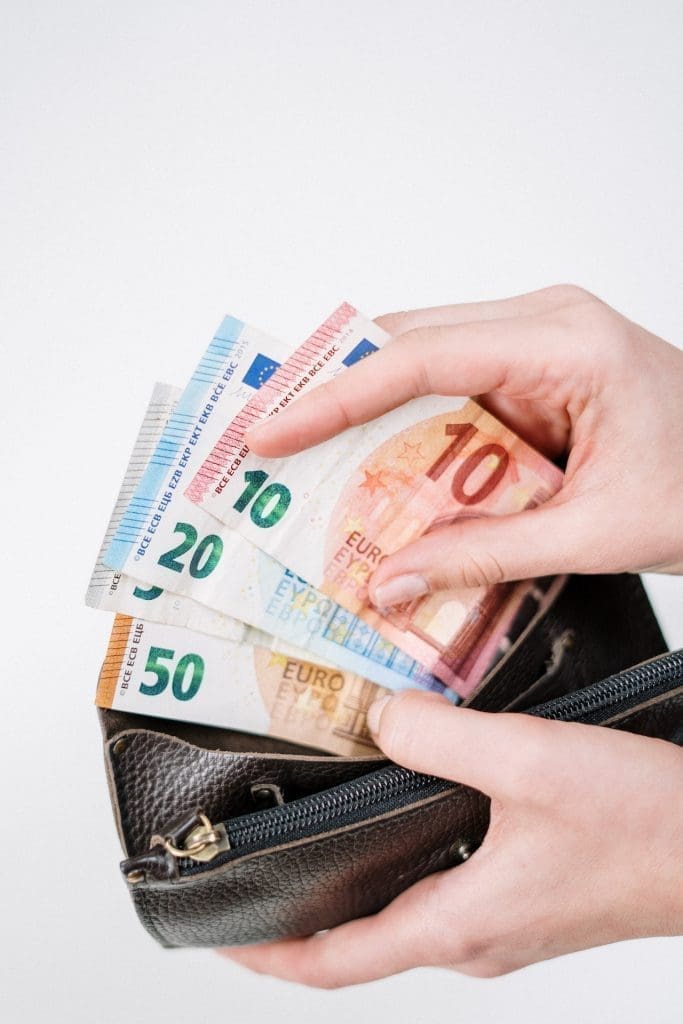 Euro bills in a wallet being held by hands