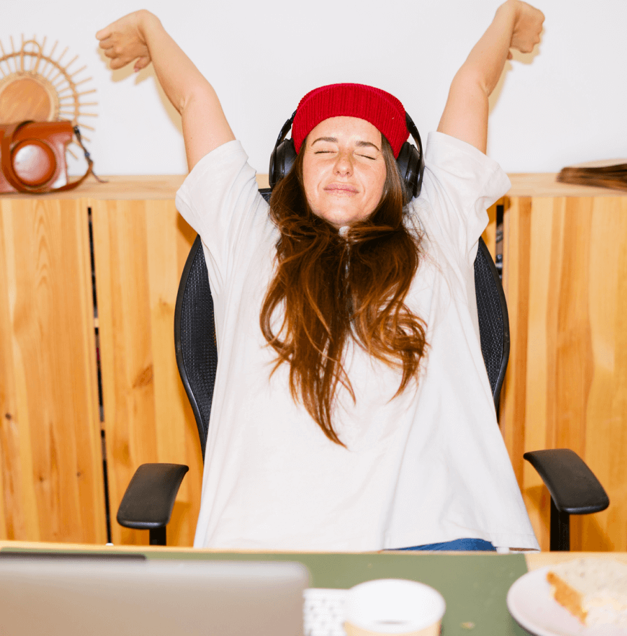 red hat woman stretching